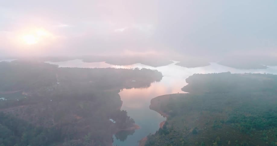 Heavy fog covers the river beds