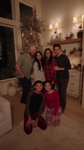 Man adjusting the camera and going with his family posing for a photo inside a living room at night