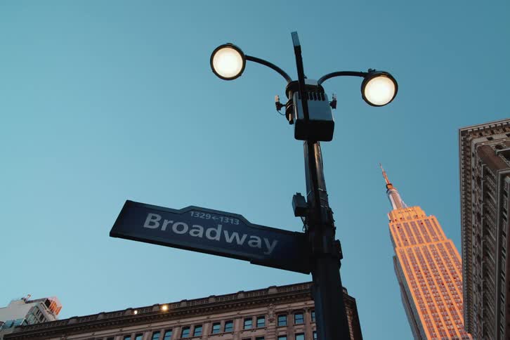 A street lamp on a new york city corner with a street sign indicating broadway