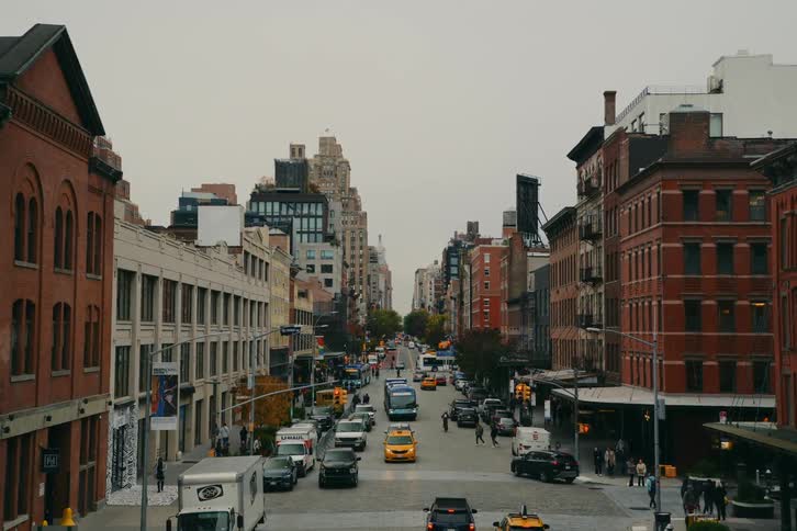 A mostly residential street on a big city