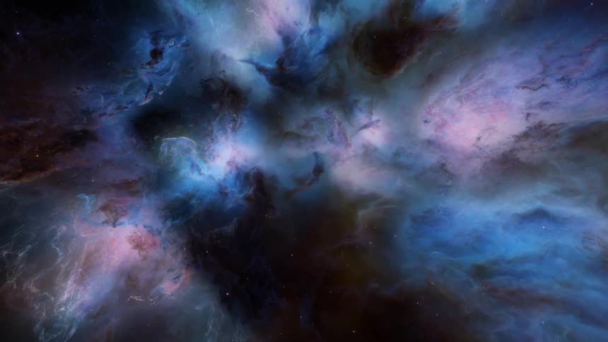 A colorful nebula filled with bright purple and blue hues in space