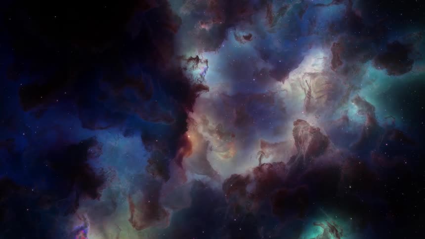 A colorful nebula filled with bright violet and blue hues in space
