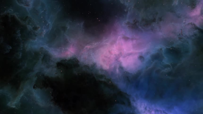 Shooting stars fly through a dark nebula with glowing pink clouds in the distance