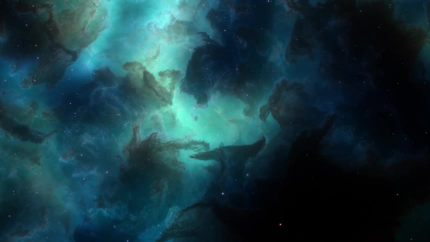 Stars fly though the clouds of a glowing turquoise nebula