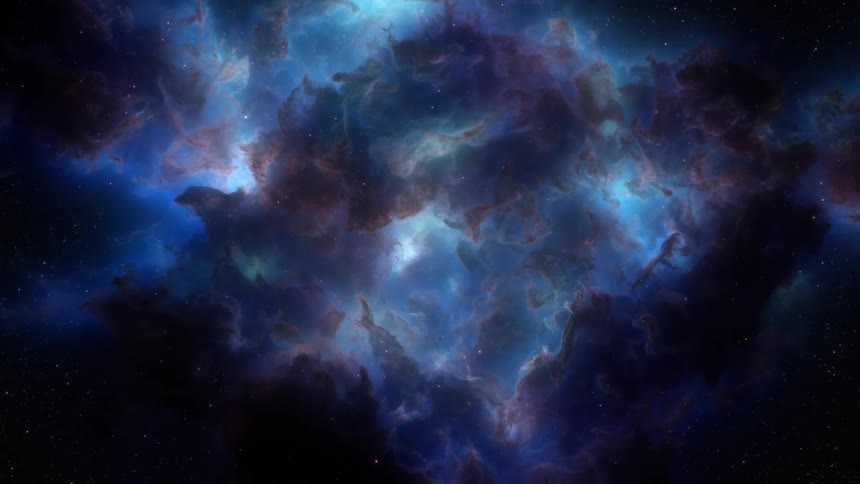 Nebula cloud ring circling and expanding with a glowing moon in the center background