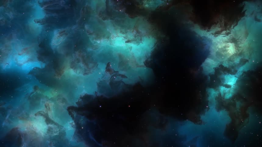 Dark space nebula with bright bluish and greenish color