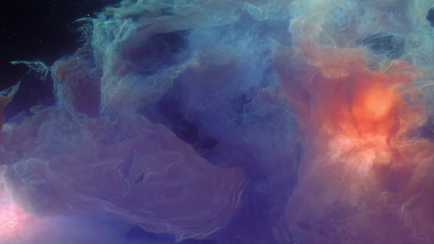Blue and pink nebula clouds expanding around a light source in outer space