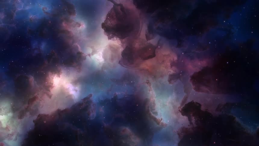 Purple clouds fill the starry sky