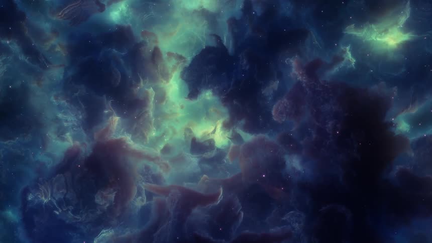 Spots of light float through nebula in starry sky