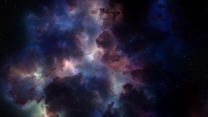 Portions of purple and blue nebula gases shine while the mass rotates against the stars