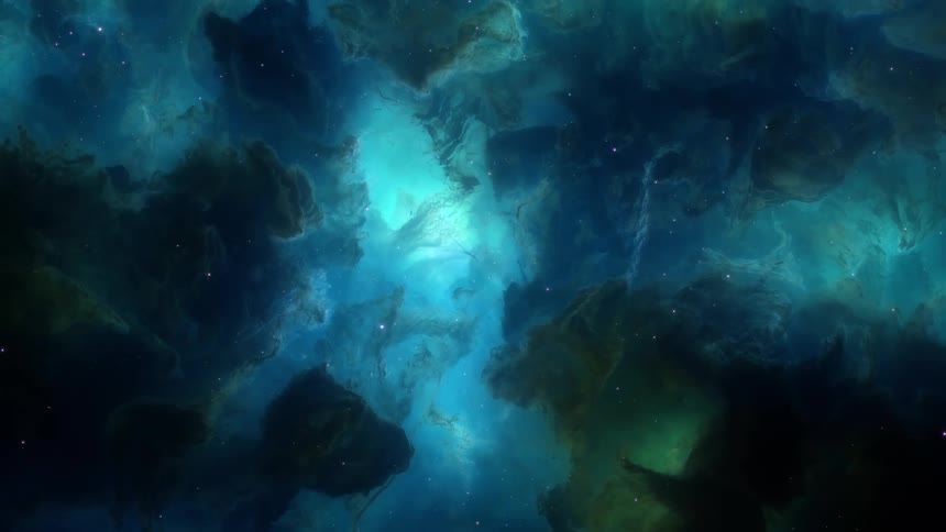 Shooting starts fly on the outskirts of a glowing blue nebula