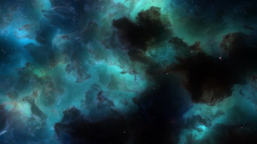 A cloudylooking nebula is surrounded by stars in the darkness of outer space