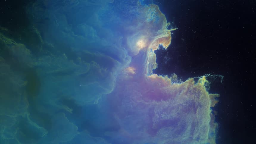 In the darkness of space a cloudylooking nebula has stars near it
