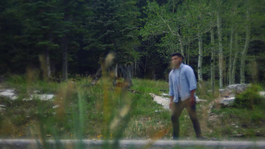 A man stands by the side of a road next to a forest watches a car go by then turns and heads the opposite way