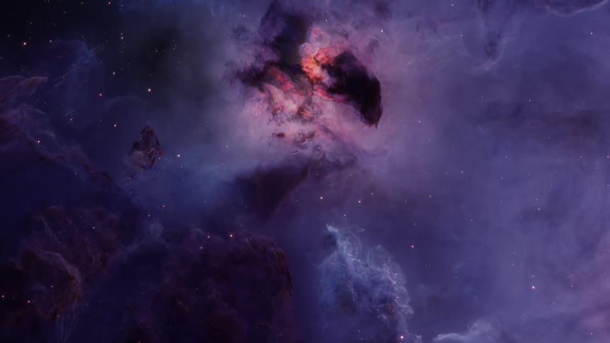 Shooting stars fly among the glowing clouds of a nebula in outer space