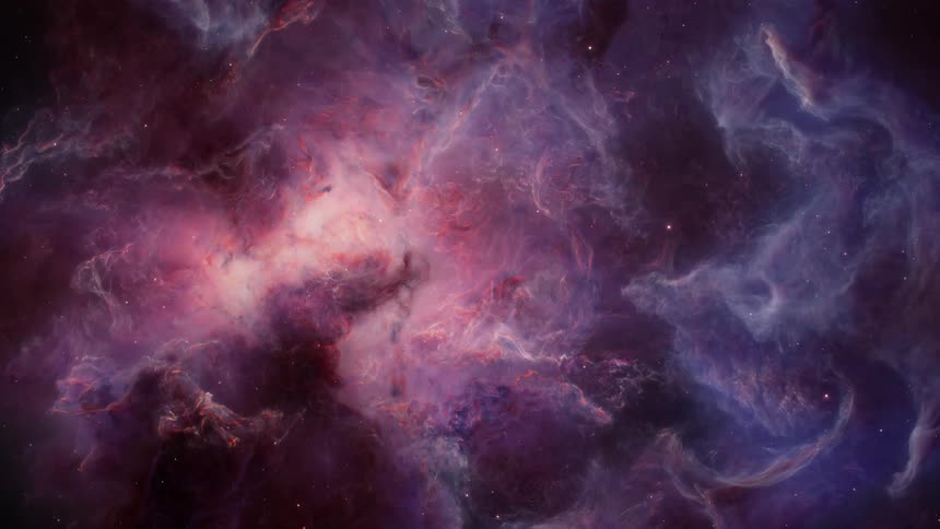 Stars move through clouds of a purple galaxy with a glowing center