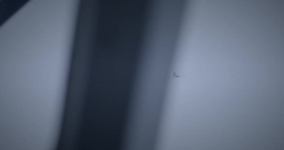 Airplane flies over person standing in middle of snowy terrain