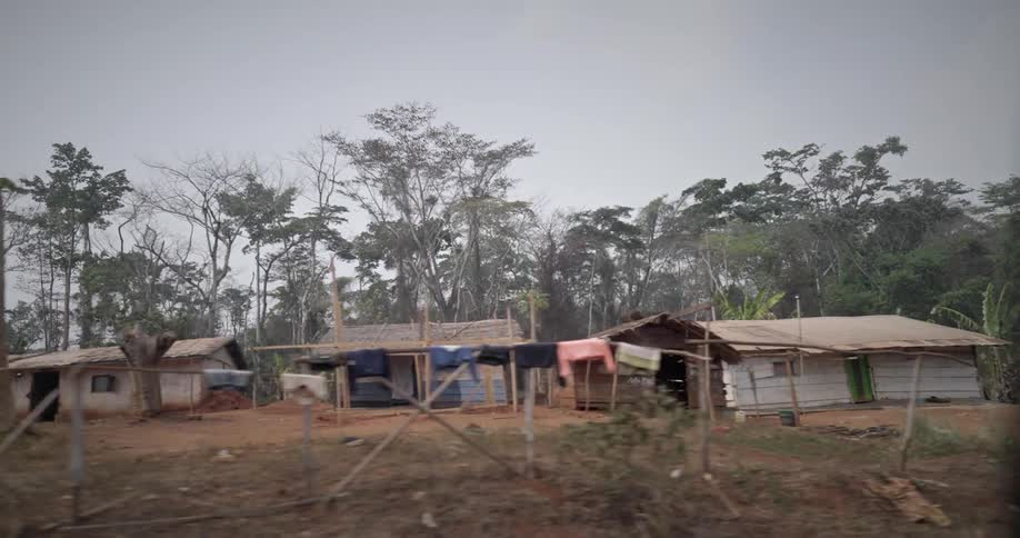 Makeshift wooden houses in the midst of a natural environment with a cloudy day