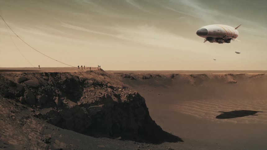 Dirigibles arriving at a crater cliff on Mars, people waving
