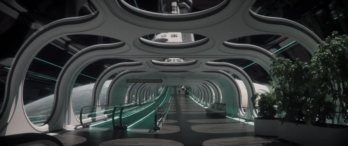 A sleek walkway inside a rotating space station orbiting planet Mars, a man walking in the distance