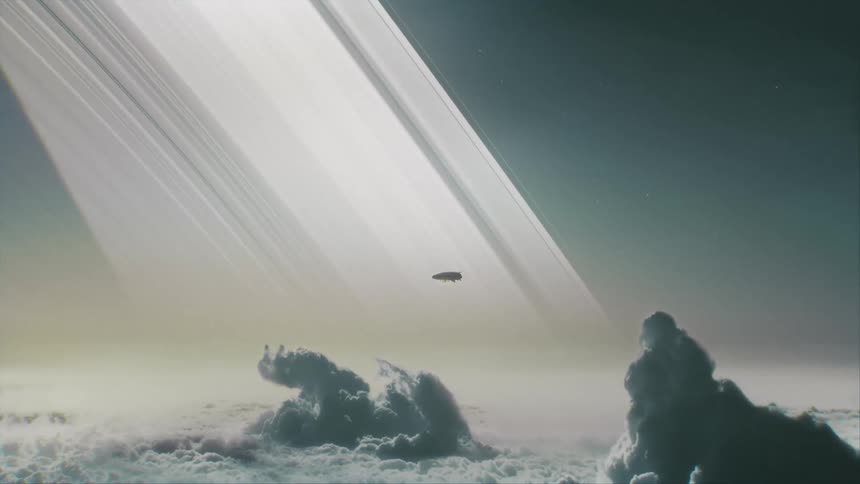 Airship flying over the cloud tops of Saturn at night