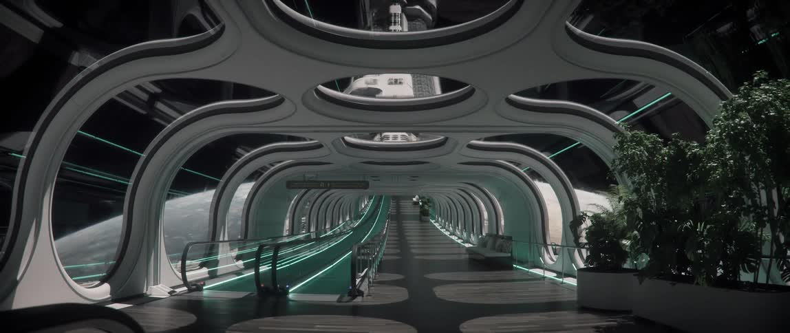Walkway inside a rotating space station orbiting planet Mars