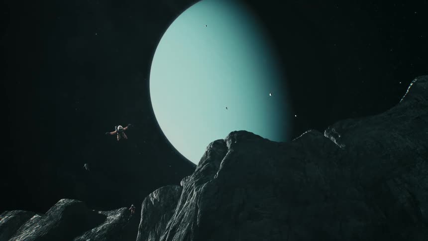 Astronaut's BASE jumping off cliff on Uranus' moon Miranda, Uranus in the sky