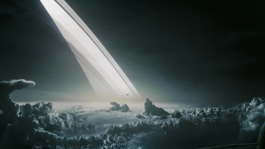 An astronaut at the cloud tops of Saturn at night