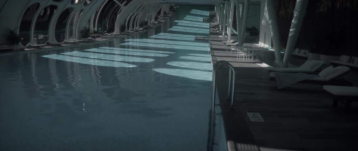 Interior pool area of space station with view of the moon outside windows