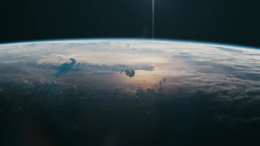 A lone space ship takes off from Earth and into outer space