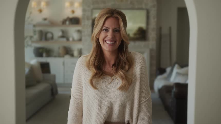 Portrait of a woman in the living room giving a smile