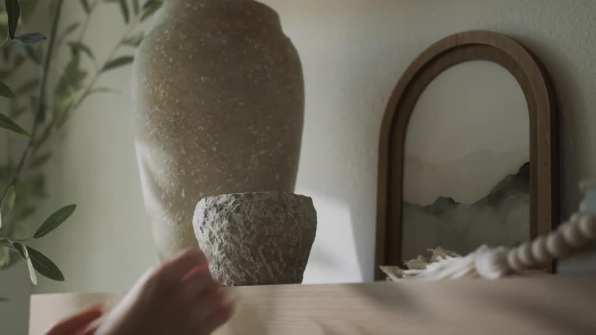 A person is arranging a small stone bowl on top of a wooden shelf