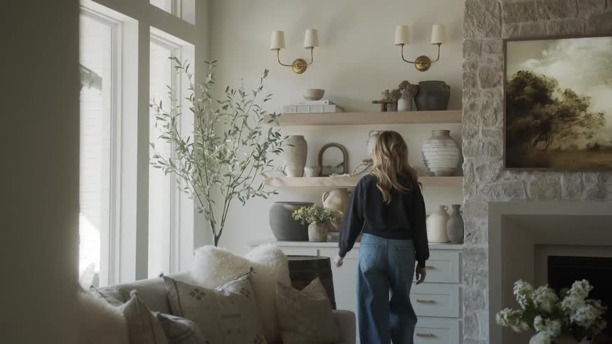 A blonde woman walks across a living room