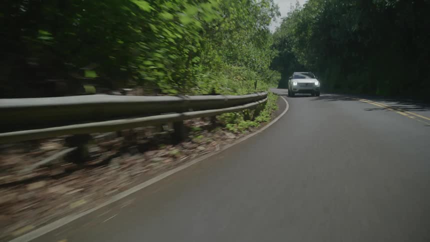 A white car travels on a road through the forest
