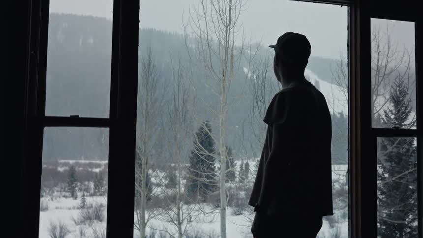A man walks over to a window and looks outside
