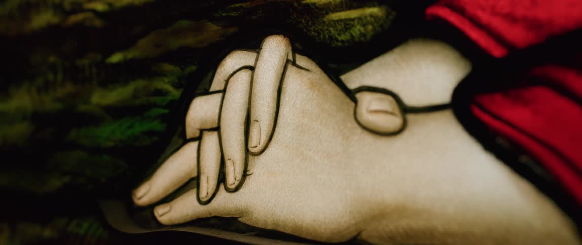 A close up of white hands with fingers entwined with red sleeves and a green background on a piece of artwork