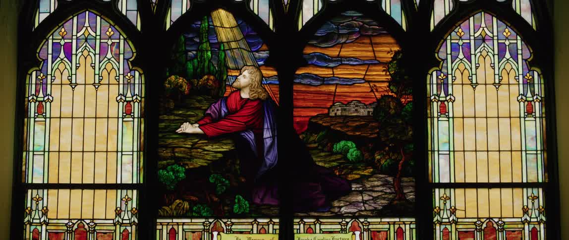 The church has large stain glass windows