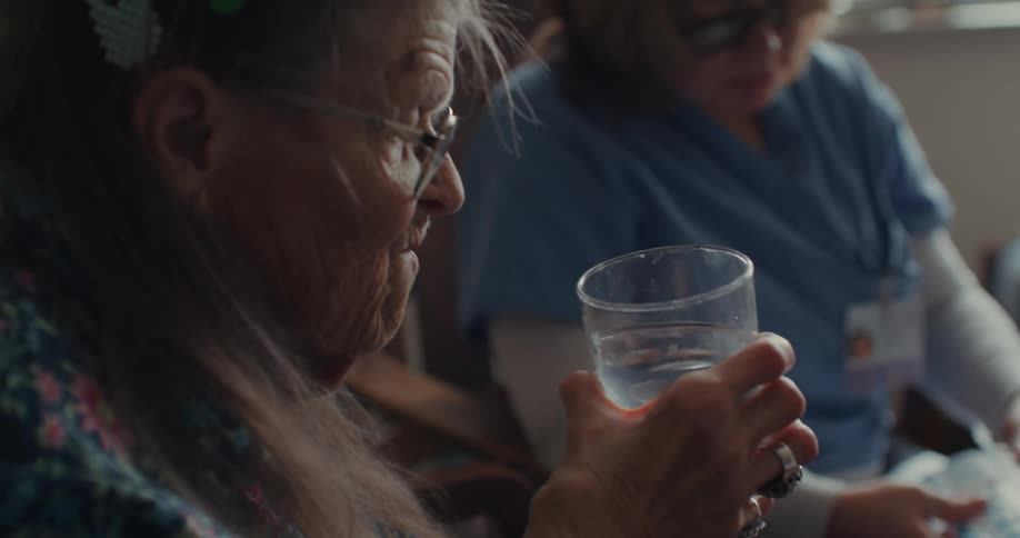 Nurse helps elderly woman with her medication at home