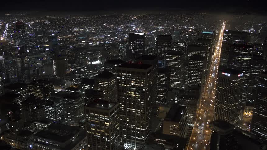 A city skyline at night