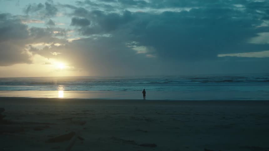 A person walks on a beach at dusk