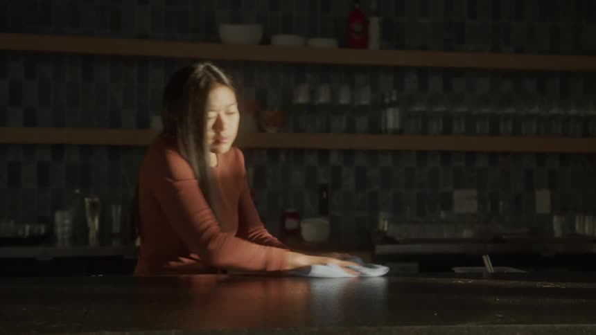 Woman at the counter of a restaurant and bar wiping a cloth on a countertop