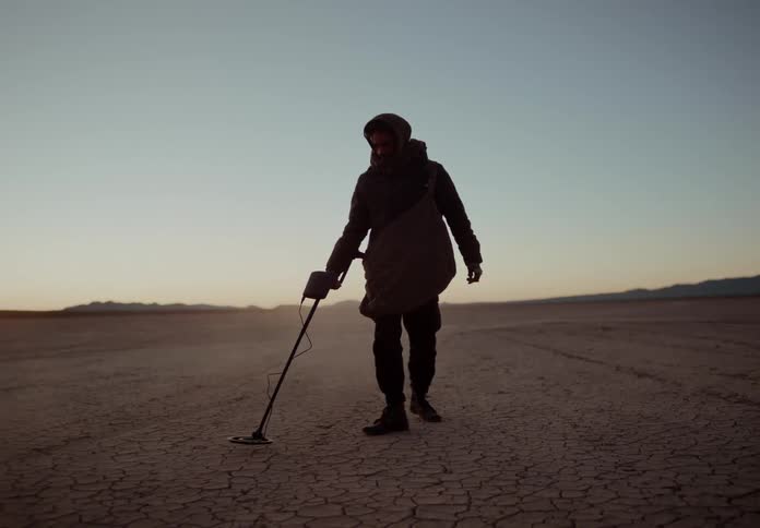A man walks in the desert running a metal detector across the dry ground