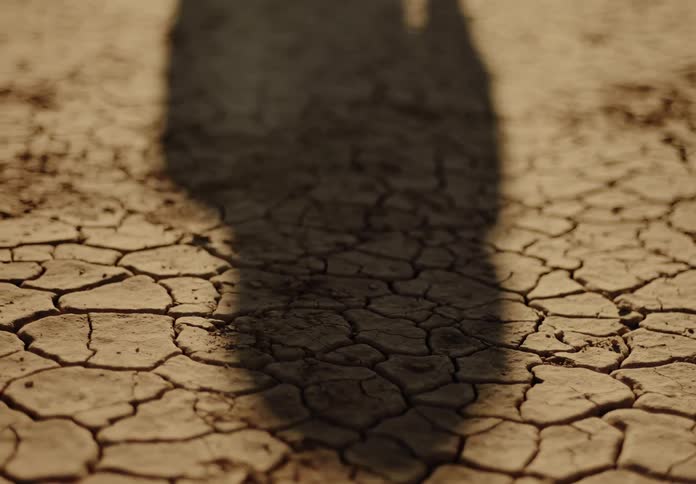 A shadow of a person walking in a desert