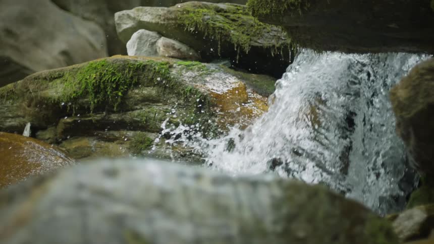 A small waterfall on some rocks that have moss