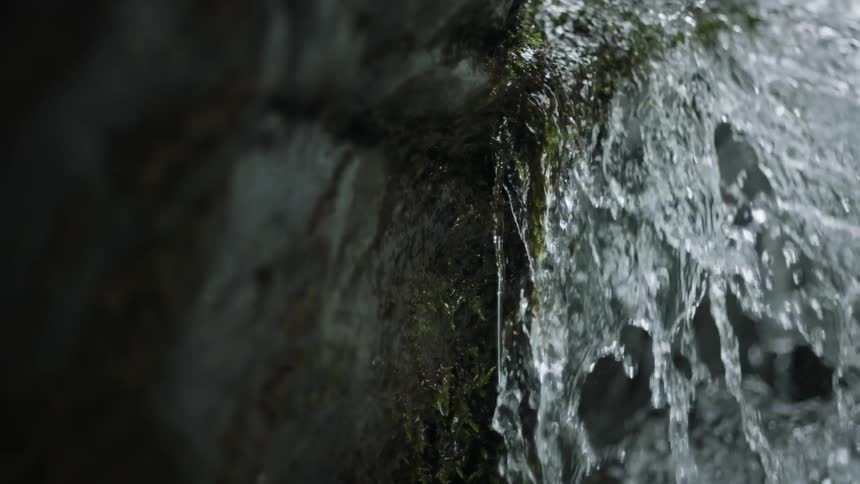 Water from a river falling into a rocky waterfall and with wolf in slow motion