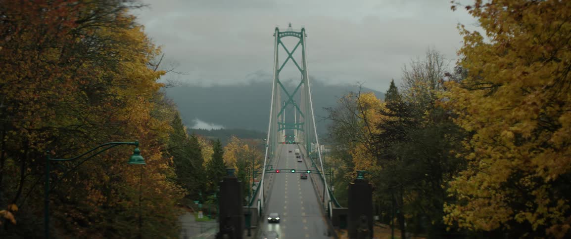 Vehicles cross suspension bridge on foggy day during the autumn