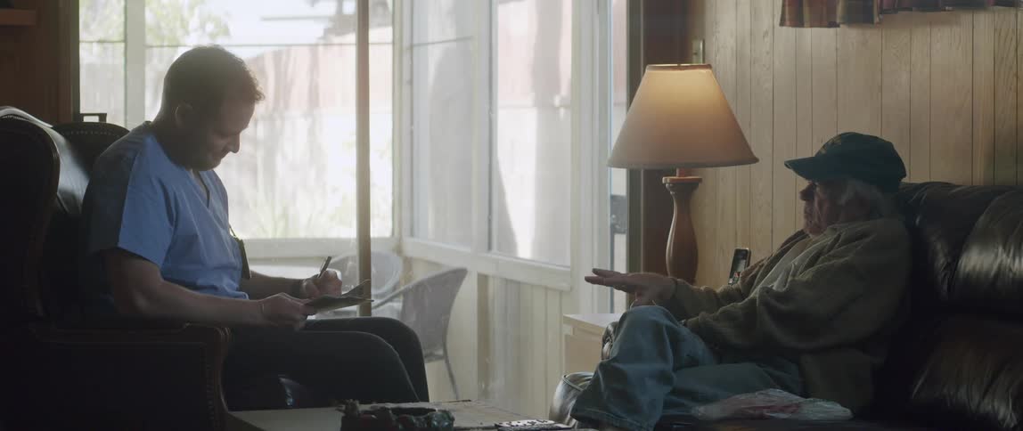 A male nurse talking to an elderly man at home