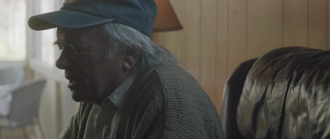 Elderly man sits at home and gestures while talking