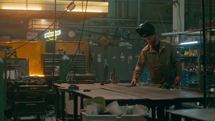 Welder adjusts the position of a tool and places his gloves on the table in a workshop