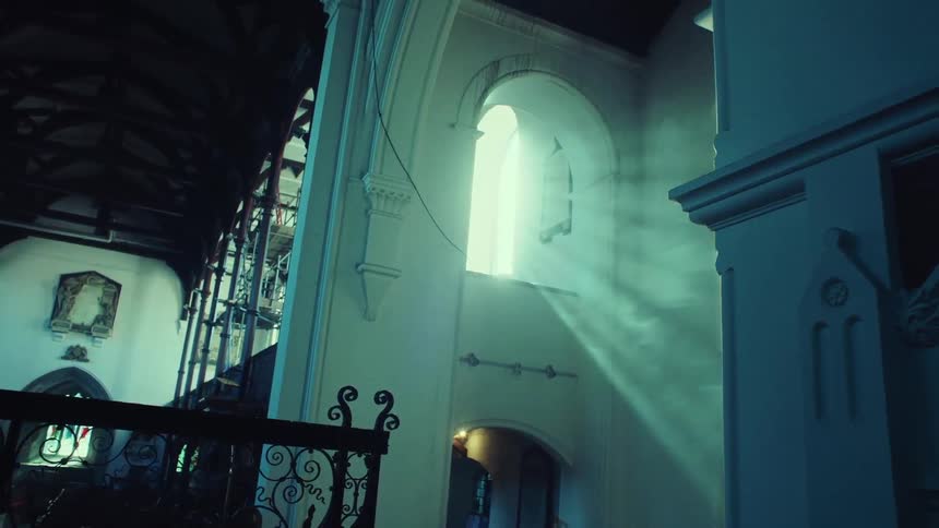 Sunlight shines into a church